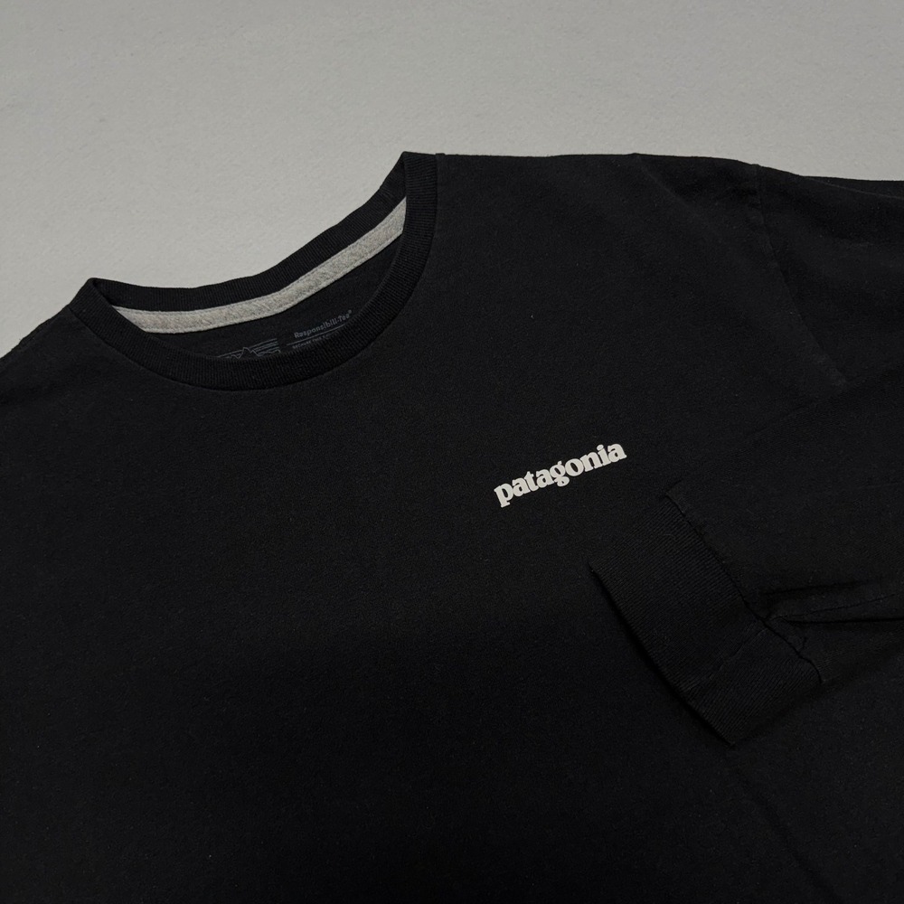 Patagonia Responsibili-Tee Long Sleeve Shirt Large Black Graphic Mountain Logo
